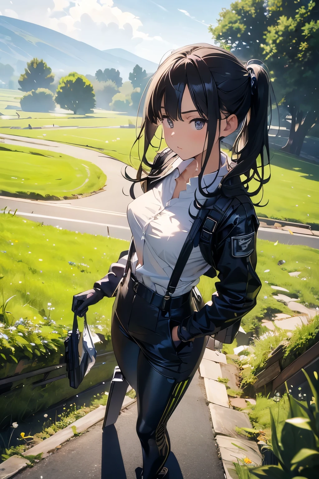 Highest quality, masterpiece, Ultra-high resolution, (realism: 1.4), Oil painting style, Cinema Lighting, An endless grassland dotted with a few houses, I stood on the empty asphalt road and looked at it., Fairy Mountain々was shrouded in mist, And the suspenders with the cranes flying　　　Moderate breasts　 　 　　　　Small face　 　　　holster　　　Beautiful woman　　　　 Lying in bed　Looking up　　　　Sweat 　　　belt　summer　脇Sweat 　Black Hole Gloves　suit　shirt　　Black jacket　 Black trousers　Leg Links　ズボンにbelt　　holster　Nipples showing through clothes, caught　Both hands above the head　Hands behind your back