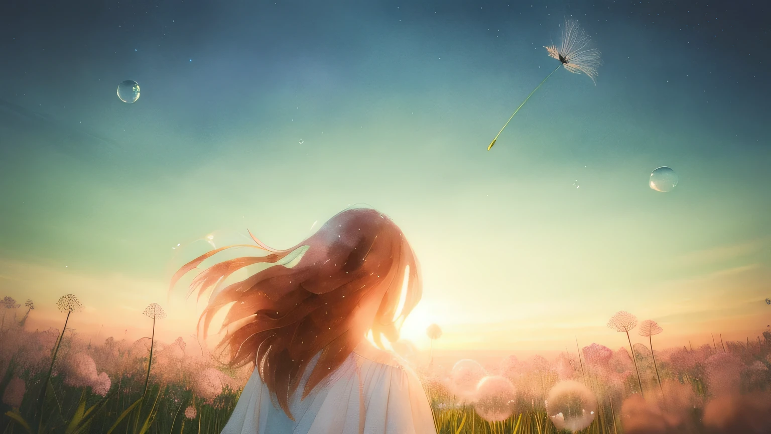 (((back view))),A young girl, around 18, with long flowing silver hair, sits nestled amidst a field of soft, glowing dandelion puffs. She wears a simple white dress and holds one dandelion delicately, her expression serene and slightly melancholic. The background is a wash of pastel blues and pinks, reminiscent of a gentle sunset sky. Delicate, translucent bubbles, each containing a swirling, abstract representation of an emotion, float around her. The art style is ethereal and watercolor-like, with soft brushstrokes and blended colors, creating a dreamlike atmosphere. The light source is diffused and soft, emanating from the dandelion puffs and the emotional bubbles, casting a warm glow on the girl and her surroundings.