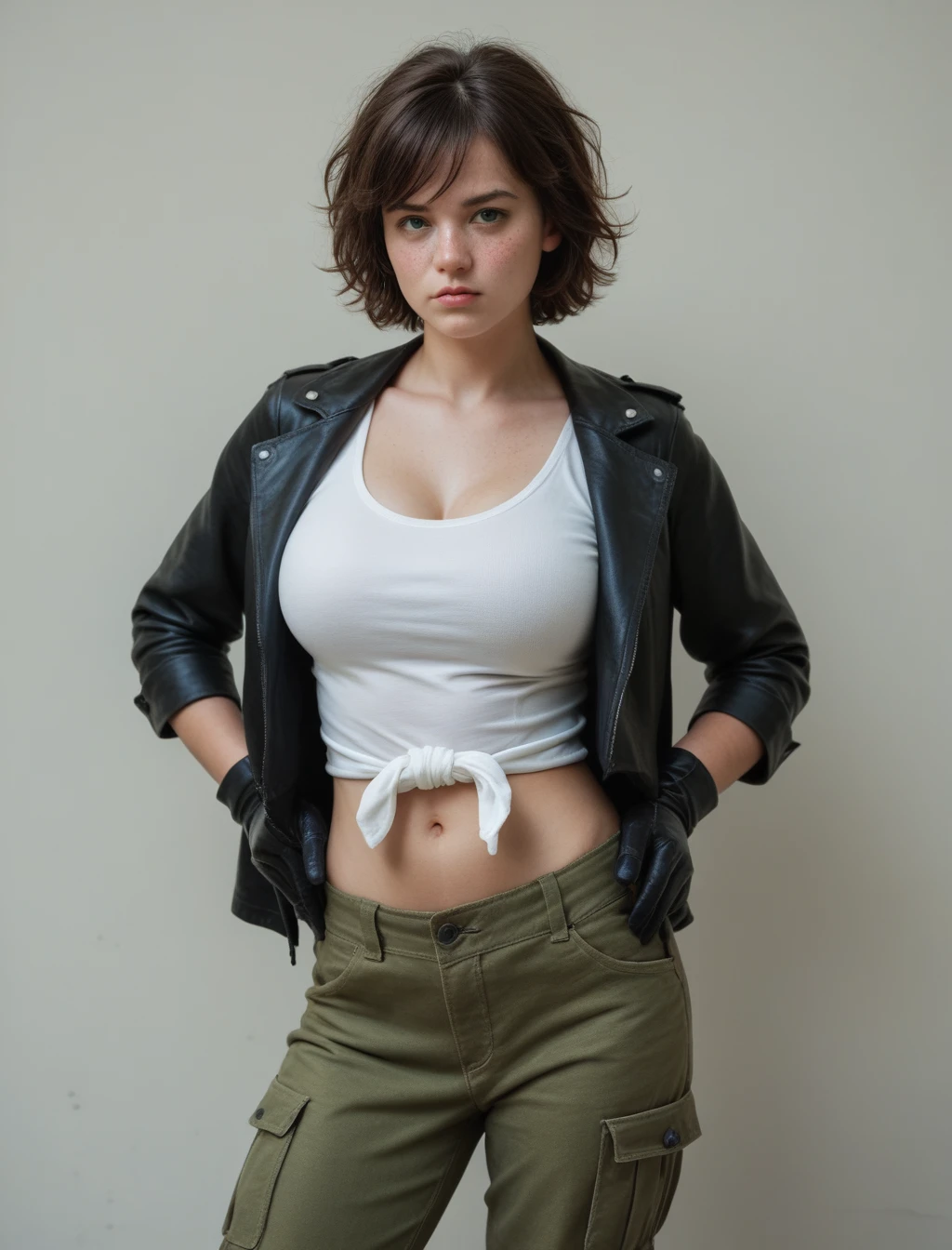 score_9, score_8_up, score_7_up, score_6_up, source_real, raw, photo, realistic, photograph, cowboy shot, young woman, pale skin, brunette hair, huge breasts, toned body, wide hips, thick thighs, short hair, messy hair, swept bangs, green eyes, midriff, black leather jacket, white tied shirt, leather gloves, green cargo pants, freckles, expressionless, standing still, detailed face