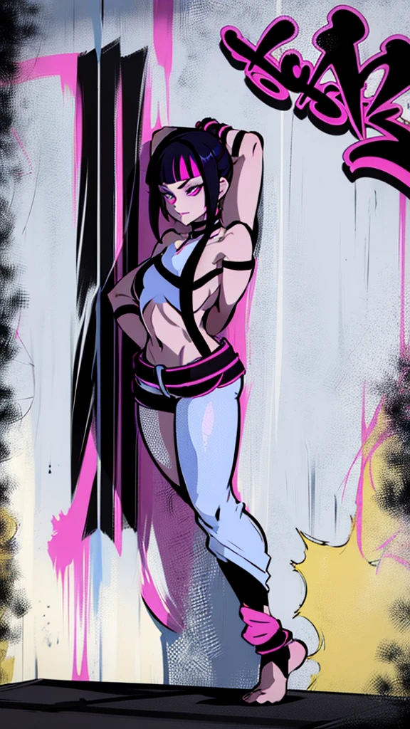 Juri Han,work of art, best qualityer, 1 girl, report, top cut, shorts jeans, choker, (graffit:1.does not splash, (hands behind the back), Against a Wall, looking a viewer, Um bracelete, thigh strap, Paint on the body, head tilt, bored, fiery hair color, Rainbow eyes,Juri Han,evil look
