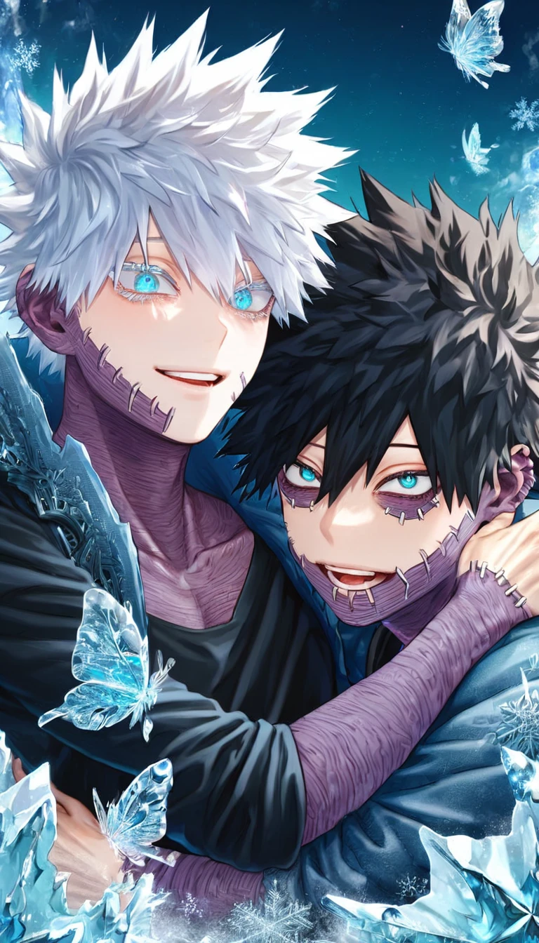 absurdres, highres, ultra detailed, HDR, master piece, best quality, extremely detailed face, delicated features, Dabi, black hair, expressive turquoise eyes, Boku No Hero Academia, Gojou Satoru with black hair, expressive blue eyes, white eyelashes, two sexy men together, gay couple, yaoi, handsome, blue jacket with fur, black jacket with fur, fantasy, magical, ice, ice butterflies, snowflakes, starry night, envy magical, manga panels style
