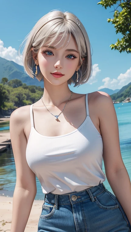 masterpiece, ultra-realistic, 32k, highly detailed CG Unity 8k wallpaper, highest quality, (Spring Day),
woman, necklace, ear drops, swiss, switzerland, bikini, (sexy), (medium breasted), honey blonde hair bob, cleavage, collarbone