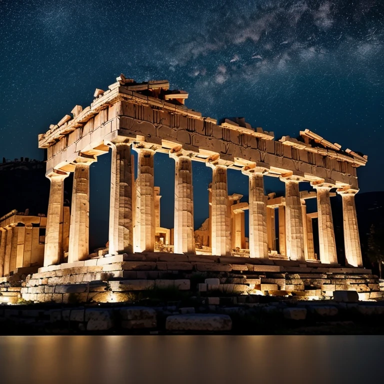 The picture I want you to draw: Greece at night、Acropolis of Athenoonlight illuminates the Parthenon、A landscape that captures the glory and tranquility of ancient Greece。In the background is a starry sky and the night view of Athens。