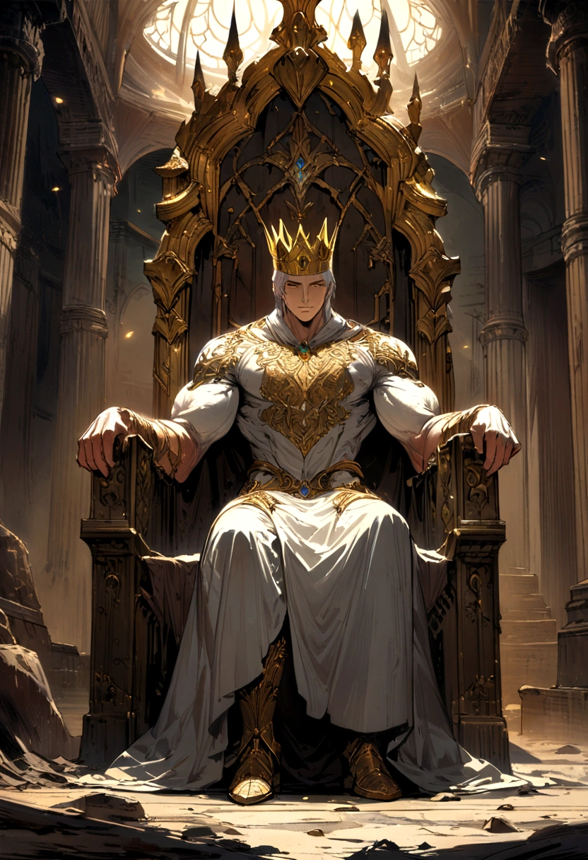 A magnificent king sitting on the throne, European,detailed face,25yo