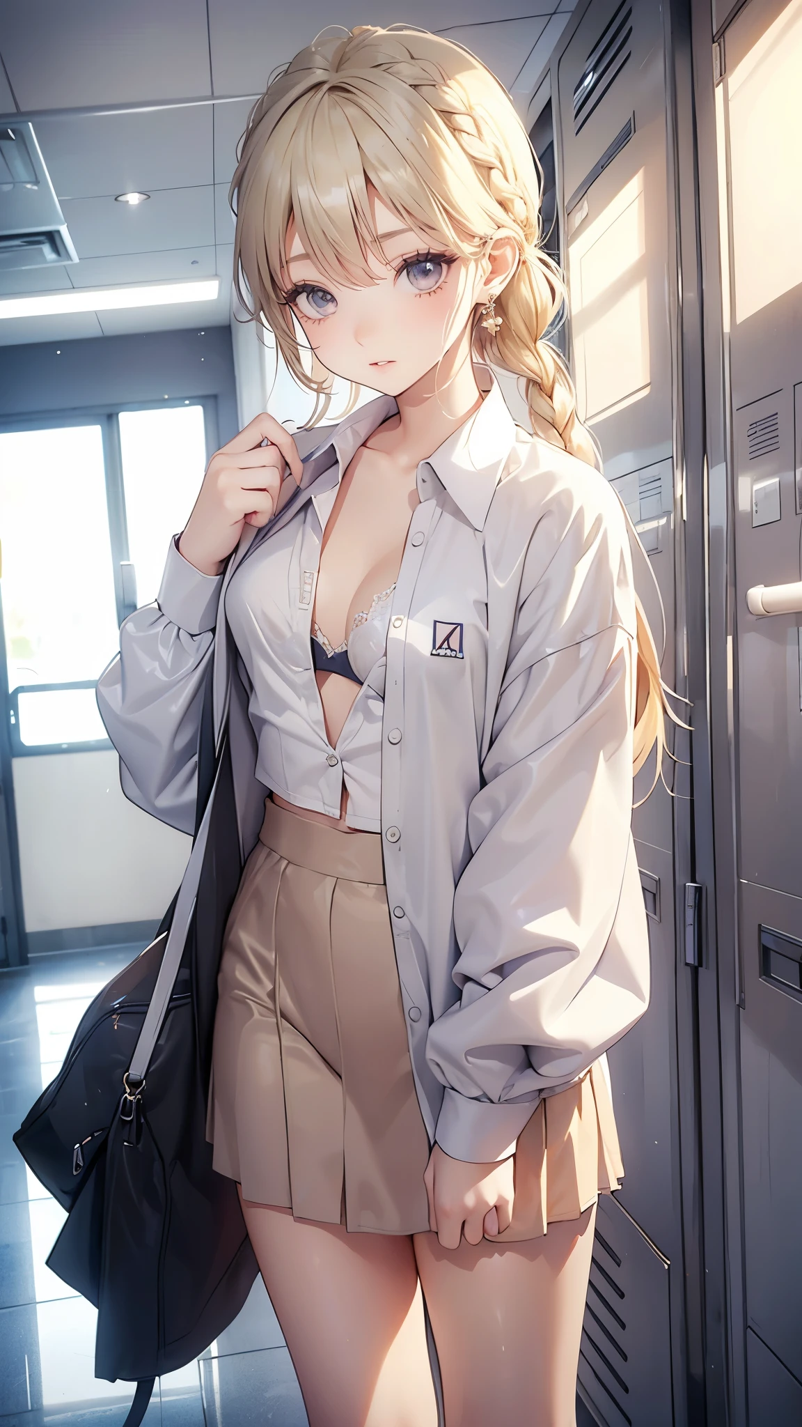 (high school girl、Tan Skin、Brown skin、Earrings、Change of clothes、shirt、satin bra、Satin Panties)、(Hairstyle:french braid、Blonde)、locker room