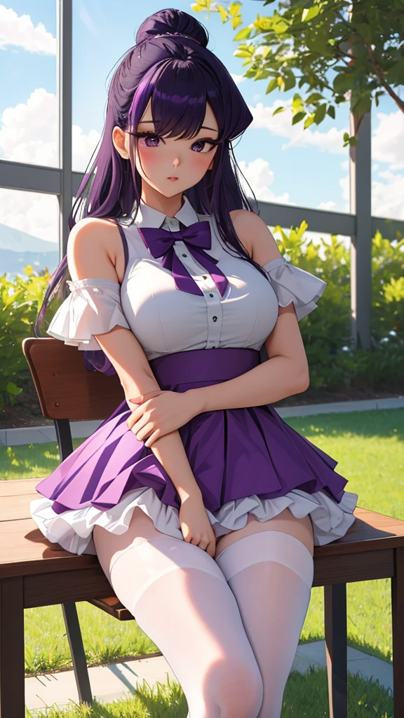 (masterpiece, best quality, ultra-detailed, 8k, wallpaper, photorealistic), ((wide shot)), ((voluptuous body)), ((perfect hands)), ((perfect anatomy)), large cleavage, long round legs, round ass, ((alluring anime girl)), ((Akeno Himejima)), (leaning on a tree), (very long black hair and violet eyes), (her hair is usually tied in a very long ponytail), (reaching all the way down with two strands sticking out from the top and sloping backward), (with an orange ribbon keeping it in place, she wears the customary Kuoh Academy girls' school uniform, along with black calf-length socks)