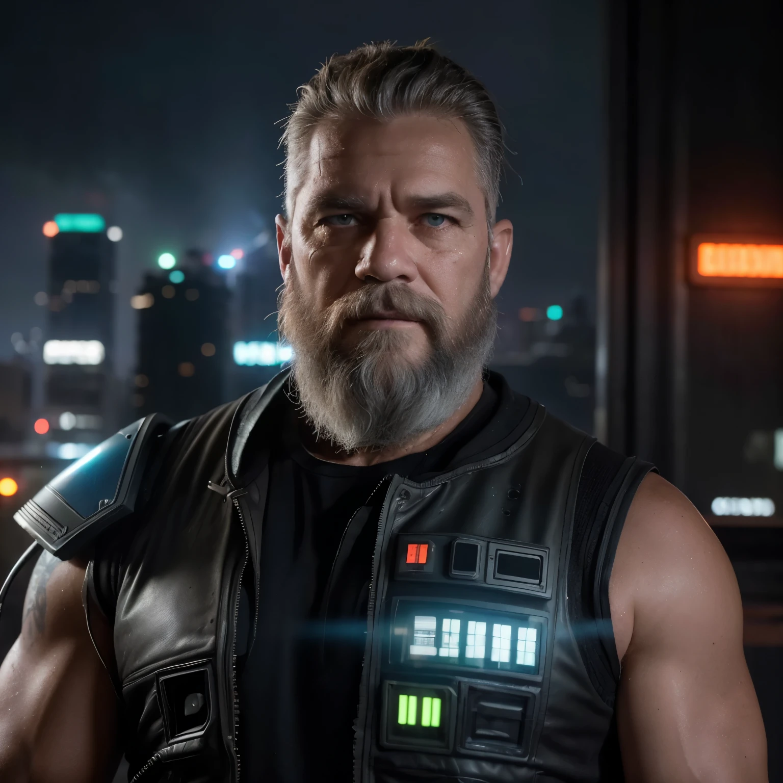 Front View, Centered,Ultra-realistic RAW portrait of a 50-year-old man with a large beard and short military-style hair, reimagined in a cyberpunk setting. He is wearing futuristic attire of a post-apocalyptic cyberpunk warrior. The scene takes place in a city with neon-lit skyscrapers in the background under a cloudy, rainy sky. The man has visible cybernetic enhancements on his body. The lighting should feature vibrant neon colors and dramatic contrasts to highlight the intricate details of your costume, the texture of your beard, and the futuristic environment. Photographed with a professional DSLR camera to capture fine details and depth.