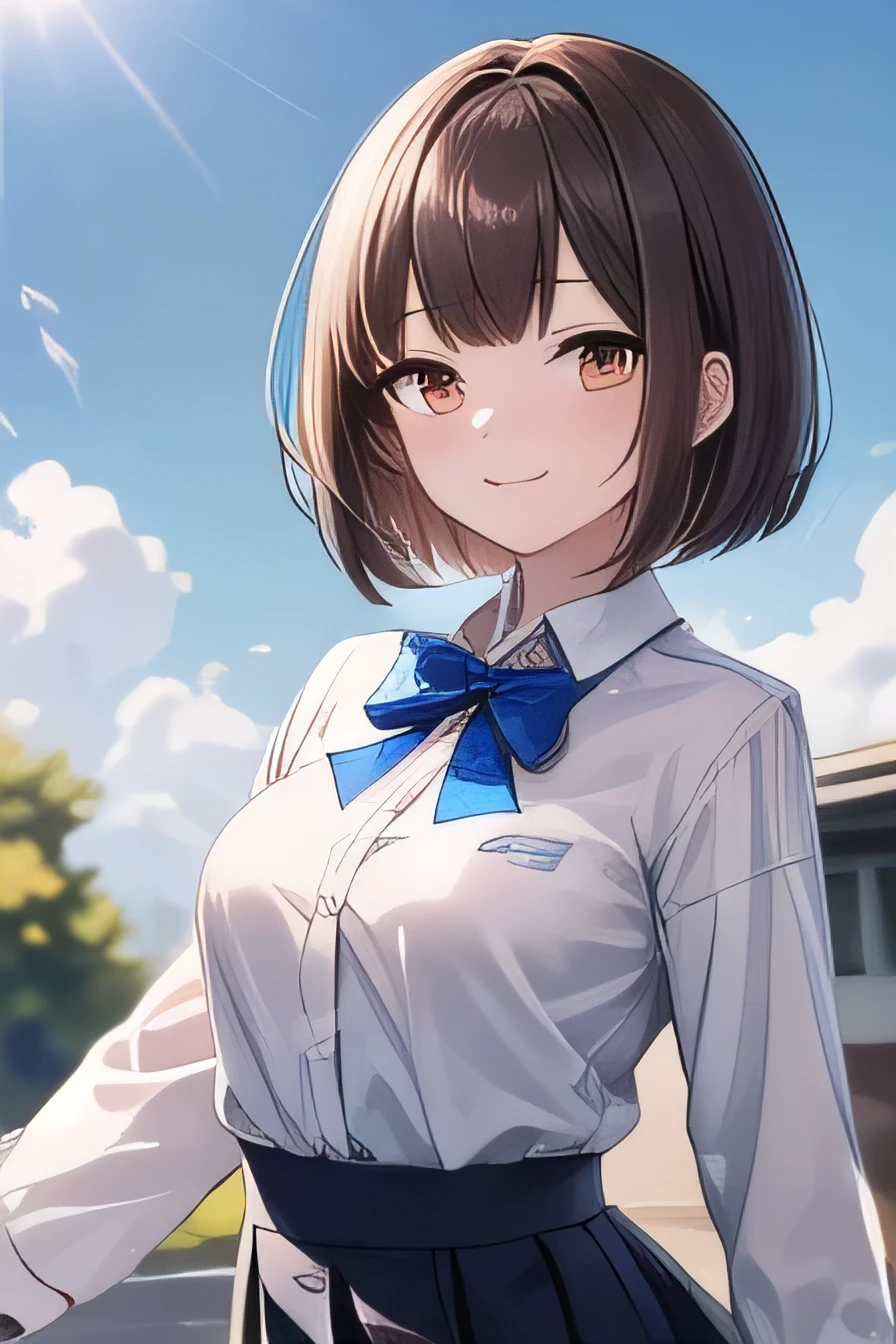 (best quality, high definition, masterpiece:1.2,), highly detailed, finely detail eyes,Illustration, night, 1girl, shirt, blush,<lora:tooruV2:1> clothes_around_waist, skirt, shirt, white_shirt, plaid_skirt, looking_at_viewer, plaid, nail_polish, blue_nails, pleated_skirt, smile, jacket, parted_bangs, jacket_around_waist, sky, school_uniform, blue_jacket, cloud, brown_hair, necktie, blush, closed_mouth, gradient_hair, day, miniskirt, v,