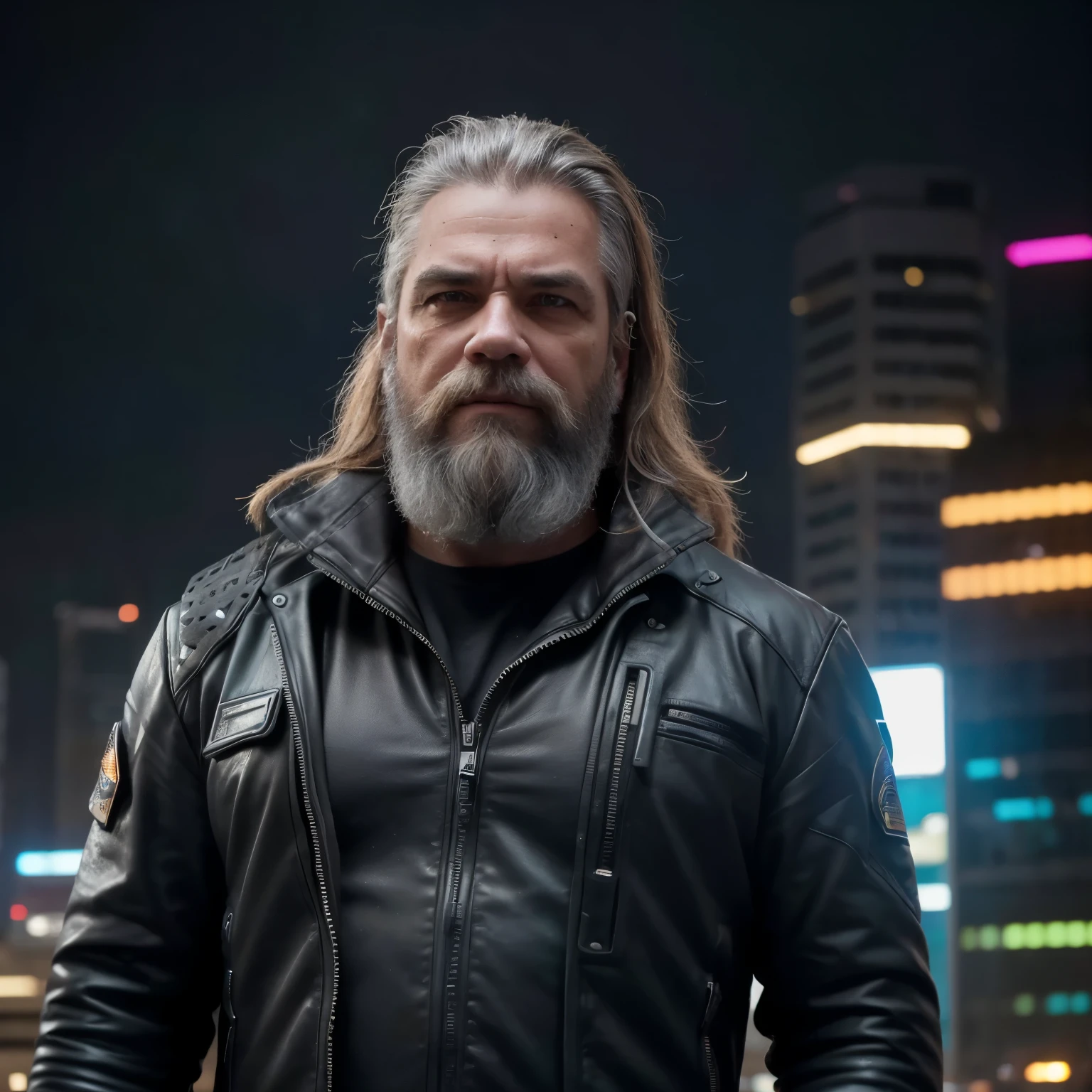 Front View, Centered,Ultra-realistic RAW portrait of a 50-year-old man with a large beard and rock metal style hair, reimagined in a cyberpunk setting. He is wearing futuristic attire of a post-apocalyptic cyberpunk warrior. The scene takes place in a city with neon-lit skyscrapers in the background under a cloudy, rainy sky. The man has visible cybernetic enhancements on his body. The lighting should feature vibrant neon colors and dramatic contrasts to highlight the intricate details of your costume, the texture of your beard, and the futuristic environment. Photographed with a professional DSLR camera to capture fine details and depth.