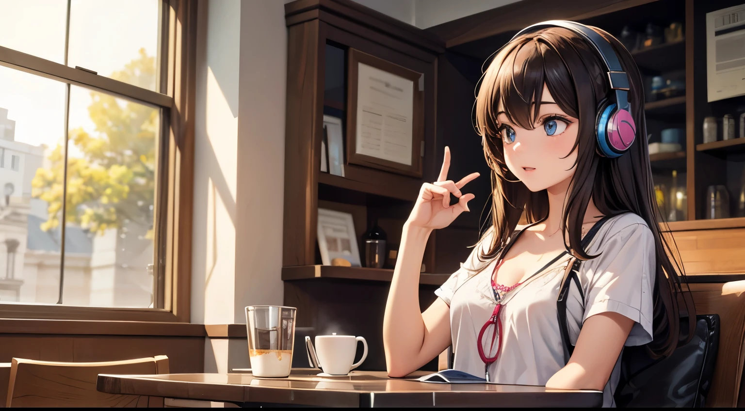 Girl with headphones enjoying music in a cafe I am studying Emphasize a little bit of the chest