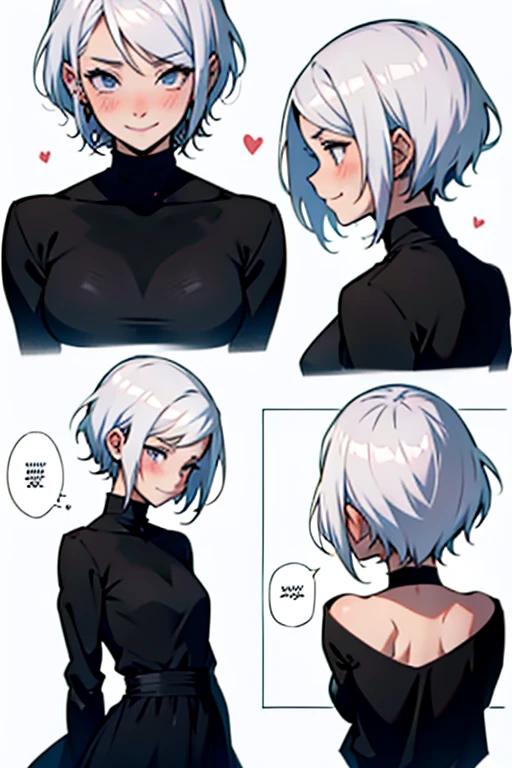 Girl with short white hair small and really skinny, wearing long black dress, smiling shyly and blushing, manga page with panels and dialogue    