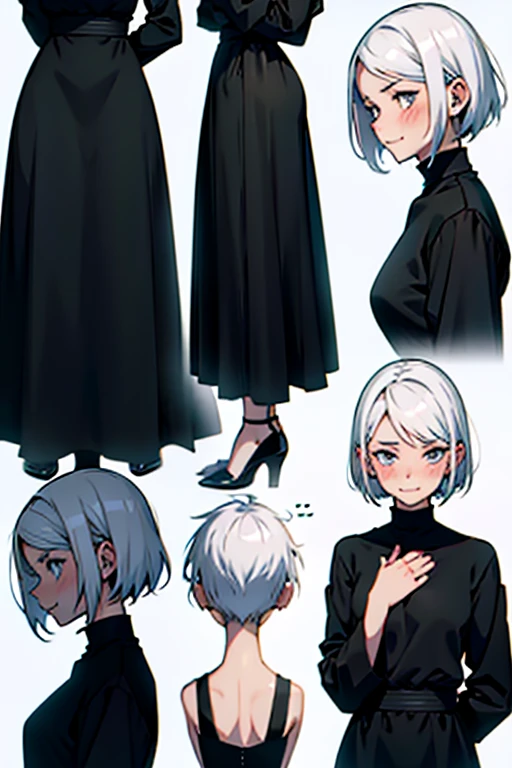 Girl with short white hair small and really skinny, wearing long black dress, smiling shyly and blushing, manga page with panels and dialogue    