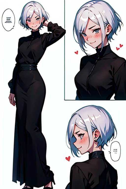 Girl with short white hair small and really skinny, wearing long black dress, smiling shyly and blushing, manga page with panels and dialogue    