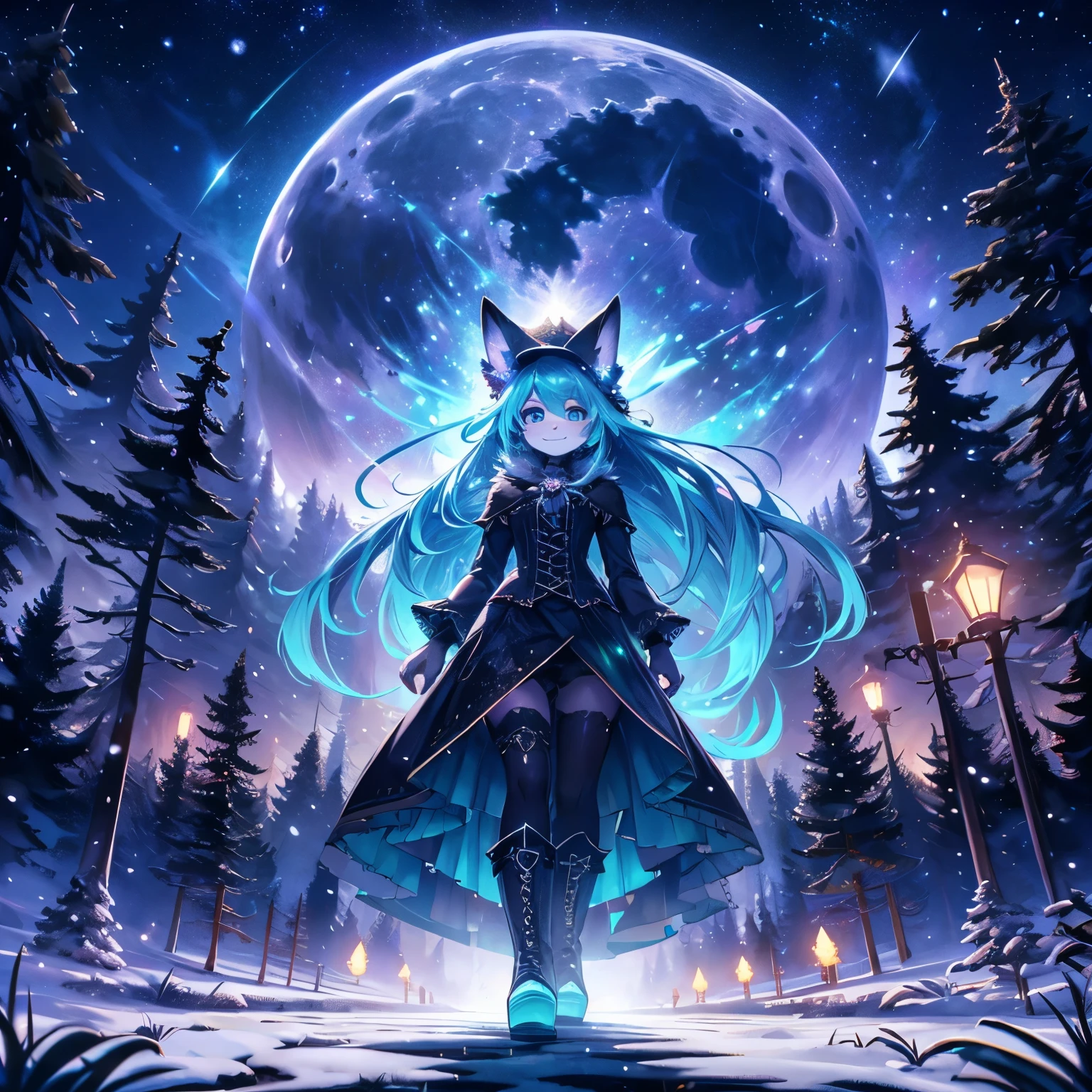 expansive landscape photography (a view from below showing the sky above and an open forest below), woman standing on a paved path looking at the landscape, wolf woman, full body portrait, full fur, magical fur, tail complete, big signal, magic tail, long hair (colored hair), hat on head (gothic style), almond-shaped eyes (bright turquoise color), expressive smile, charming face, gothic clothes (dark color with magic skulls), tights in black fur, shoes (gothic style high boots),, night setting, (full moon: 1.2), (shooting stars: 0.9), (nebula: 1.3), (warm light source: 1.2), (Firefly: 1.2), (snowflake: 1.0), (snow on tree) (masterpiece: 1.2), (best quality), 4k, ultra detailed, (dynamic composition: 1.4) , very detailed and colorful details, (iridescent colors: 1.2), (vivid lighting, ambient lighting), dreamy, magical, (alone: ​​1.2)