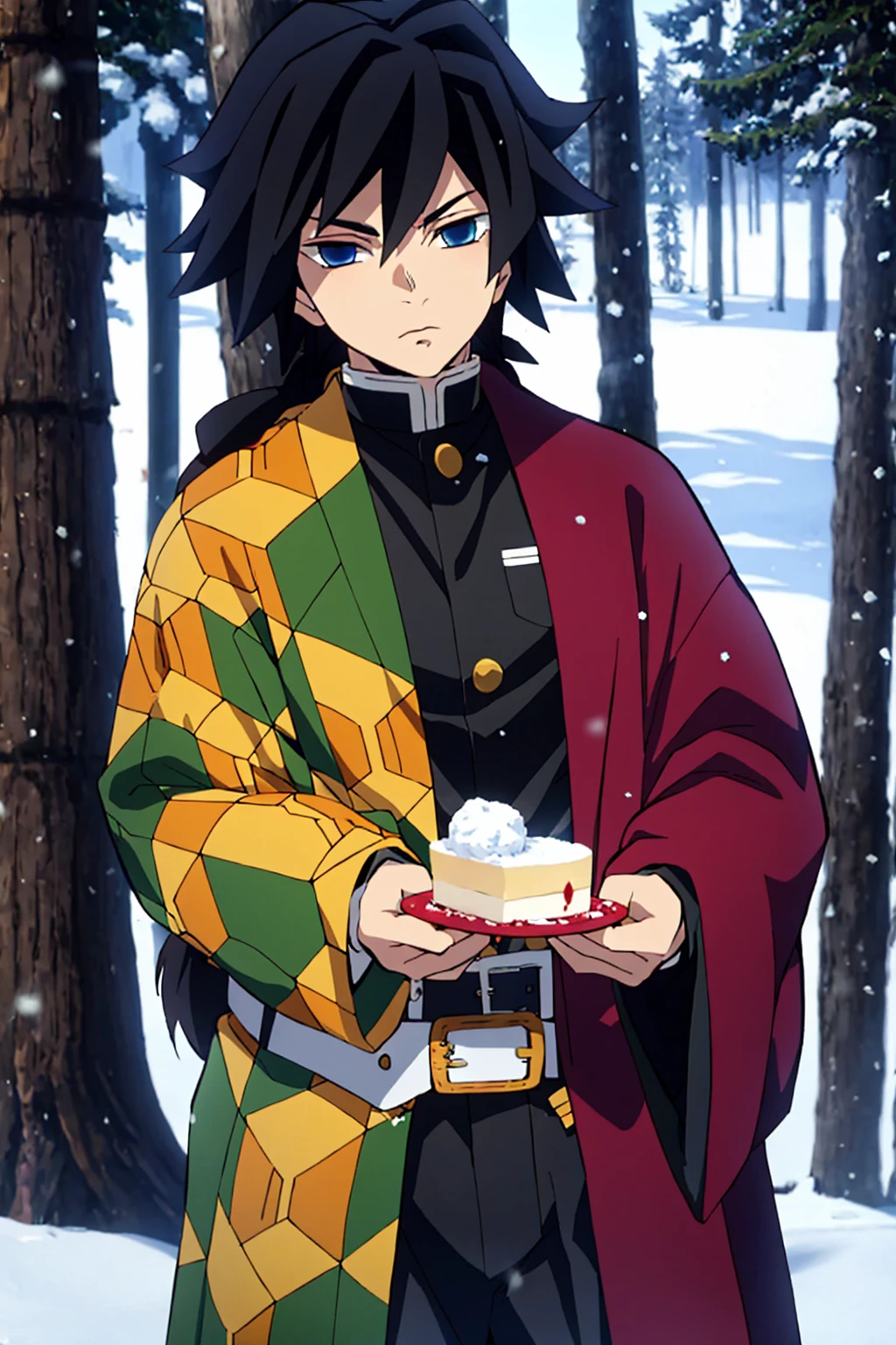 tomioka giyuu, demon slayer, 1boy, solo, upper body, winter, snow, forest, tree, nature, snowing, long hair, looking at viewer, blue eyes, black hair, long sleeves, standing, jacket, male focus, outdoors, japanese clothes, belt, black jacket, black pants, haori, white belt, demon slayer uniform, girl, holding a piece of cake it to the viewer, 