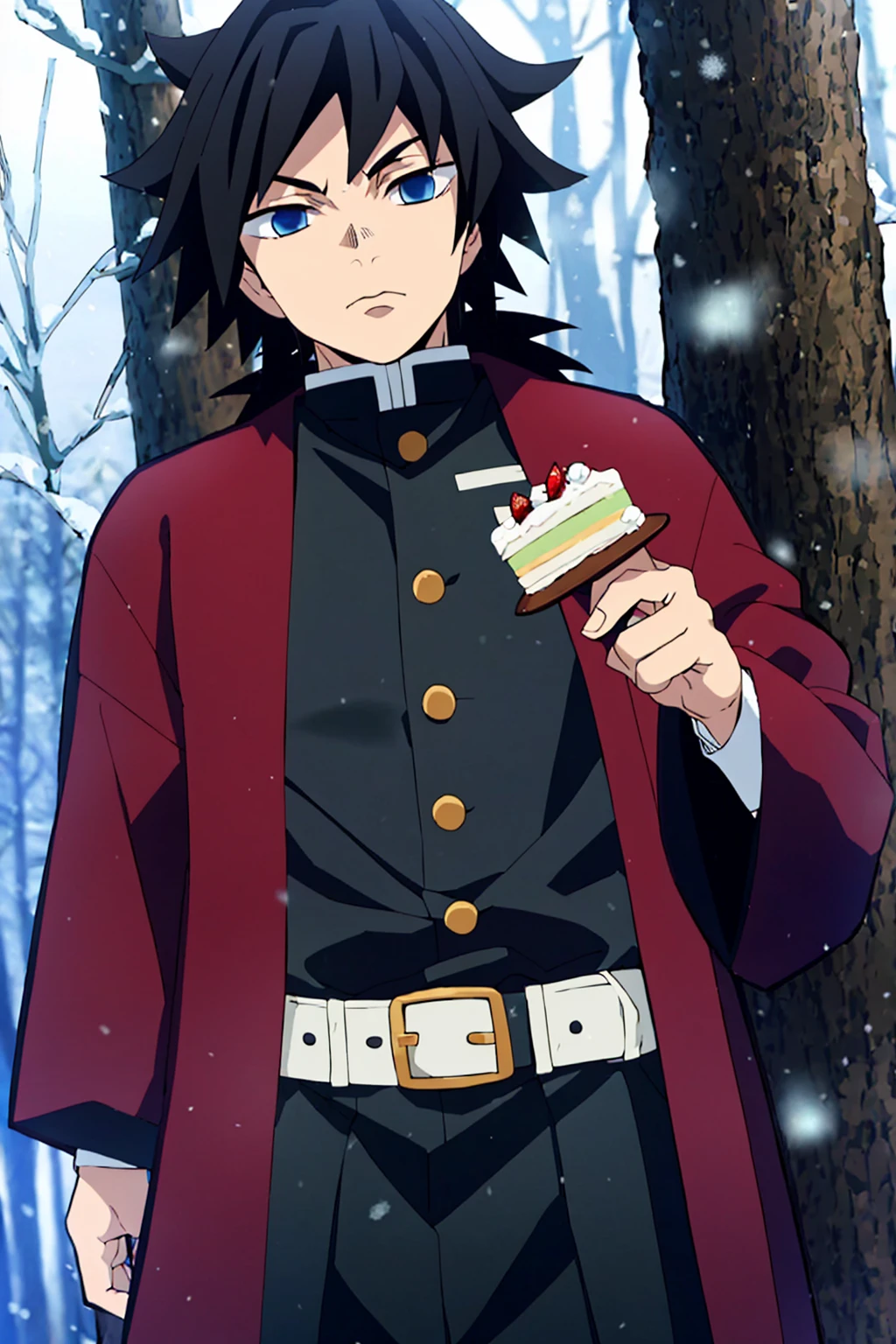 tomioka giyuu, demon slayer, 1boy, solo, upper body, winter, snow, forest, tree, nature, snowing, long hair, looking at viewer, blue eyes, black hair, long sleeves, standing, jacket, male focus, outdoors, japanese clothes, belt, black jacket, black pants, haori, white belt, demon slayer uniform, girl, holding a piece of cake it to the viewer, 