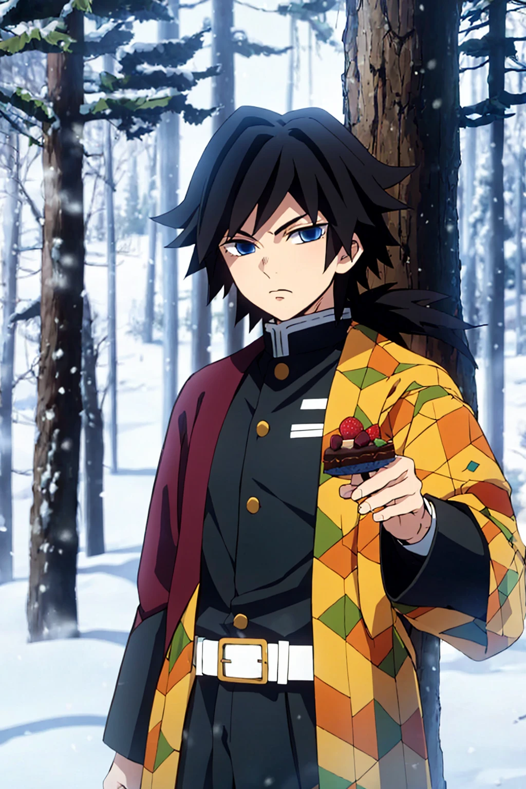 tomioka giyuu, demon slayer, 1boy, solo, upper body, winter, snow, forest, tree, nature, snowing, long hair, looking at viewer, blue eyes, black hair, long sleeves, standing, jacket, male focus, outdoors, japanese clothes, belt, black jacket, black pants, haori, white belt, demon slayer uniform, girl, holding a piece of cake it to the viewer, 