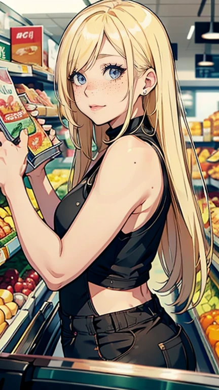 A blonde woman with a mole under her left eye, Cute freckles scattered all over, Buying groceries at the supermarket, Wear a sleeveless top, I&#39;m wondering whether to buy tomatoes., There was a confused look on her face., (Highest quality,4K,8K,High resolution,masterpiece:1.2),Super detailed,(Realistic,photoRealistic,photo-Realistic:1.37),hyperRealistic,Highly detailed facial features,Highly detailed eyes and face,Long eyelashes,Vibrant colors,Natural light,Warm tones,Detailed grocery store environment,shopping cart,Produce shelves, カウボーイショット,