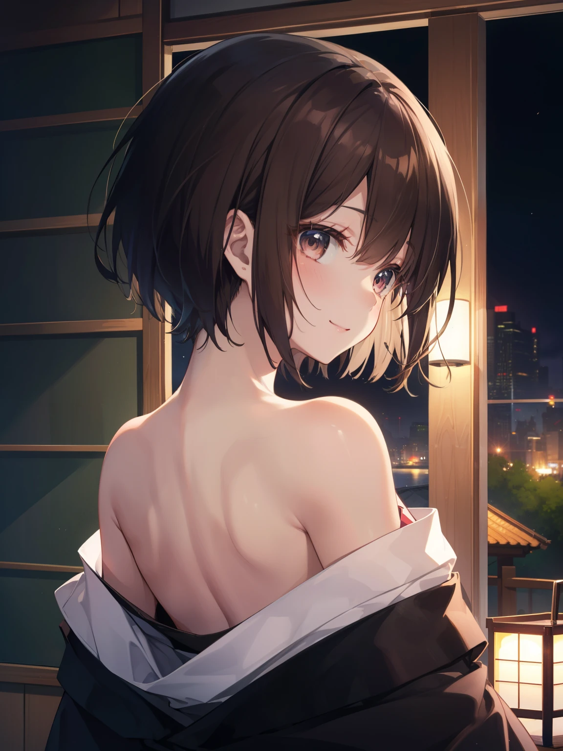 ((Highest quality, High resolution,  Perfect Pixel,  4K)),  (Beautiful Anime Girls), Depth of written boundary、
looking at viewer, 


short hair, 、Detailed eyes、Round face、he is short、
 
Black Hair、(Brown Skin:1.3)、

White kimono, 
from behind, 
off shoulder, shoulder blades, 

Upper Body、

smile、blush、

tatami、night、