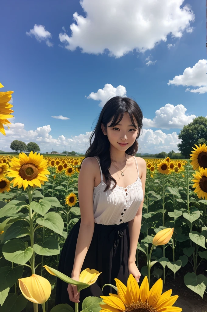 A 20-year-old girl working at a flower shop(Wearing a miniskirt and apron)is holding a sunflower。