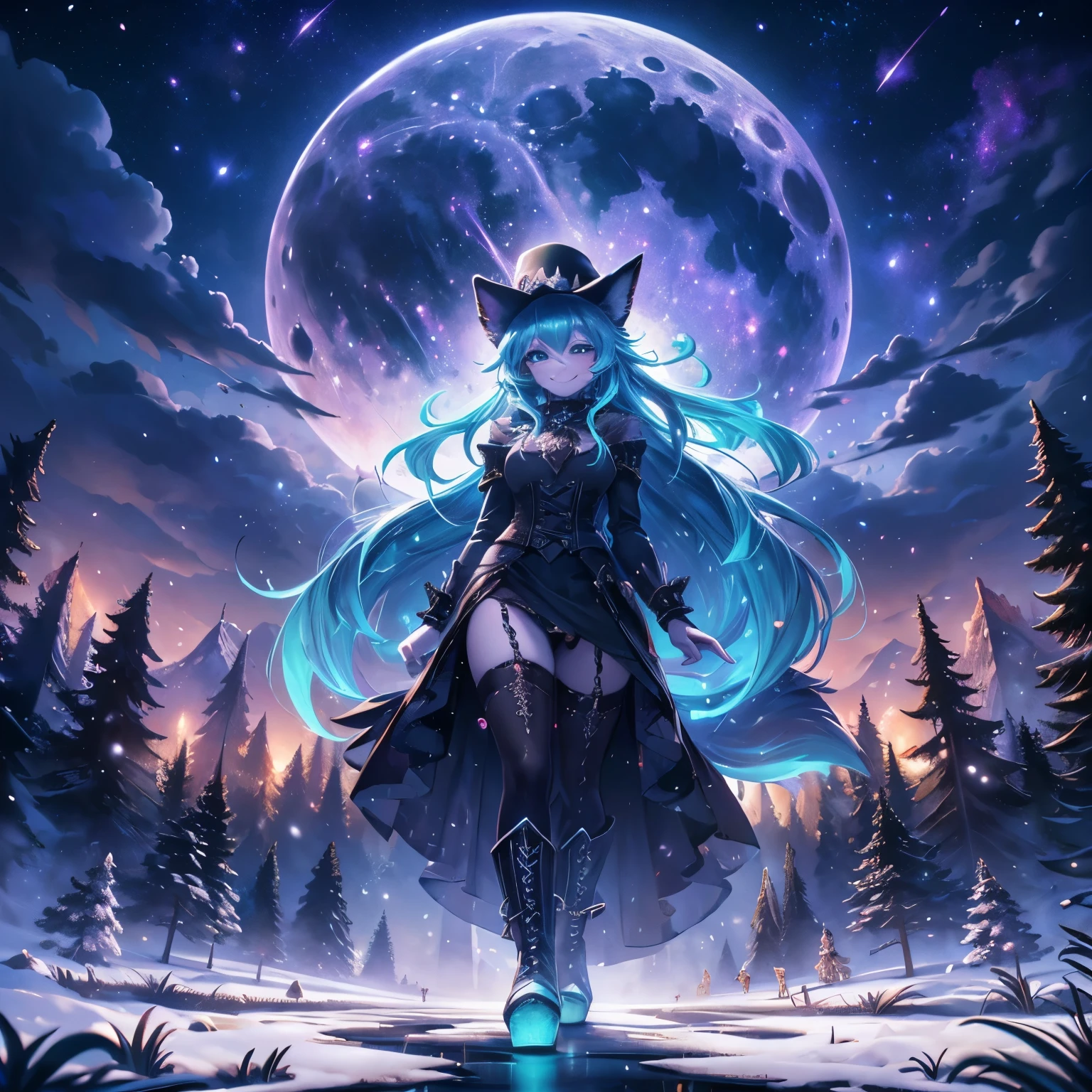 expansive landscape photography (a view from below showing the sky above and an open forest below), woman standing on a paved path looking at the landscape, wolf woman, full body portrait, full fur, magical fur, tail complete, big signal, magic tail, long hair (colored hair), hat on head (gothic style), almond-shaped eyes (bright turquoise color), expressive smile, charming face, gothic clothes (dark color with magic skulls), tights in black fur, shoes (gothic style high boots),, night setting, (full moon: 1.2), (shooting stars: 0.9), (nebula: 1.3), (warm light source: 1.2), (Firefly: 1.2), (snowflake: 1.0), (snow on tree) (masterpiece: 1.2), (best quality), 4k, ultra detailed, (dynamic composition: 1.4) , very detailed and colorful details, (iridescent colors: 1.2), (vivid lighting, ambient lighting), dreamy, magical, (alone: ​​1.2)