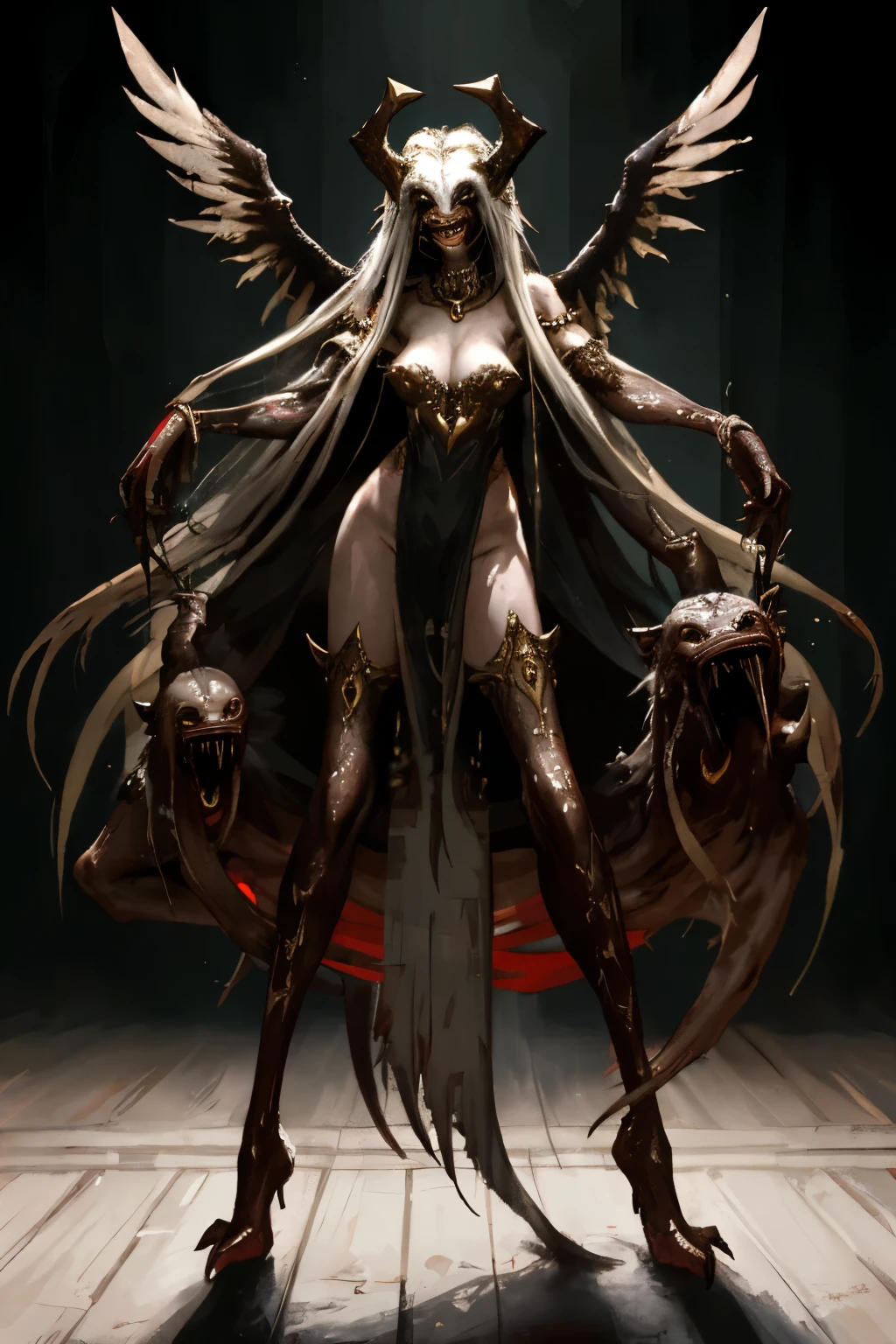 monstrous, Beautiful, Masterpiece, Best quality, perfect lighting, NSFW, monster smile with crooked fangs, mask covering eyes, Very skinny, disproportionately long arms, head of a vulture, scruffy dirty feathers, A sinister aura, something, chained, deity, pentagrams, cultist clothing, full body