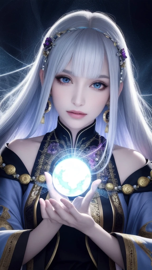 (masterpiece, top quality, 1 female, solo, exquisite details, chromatic aberration), (realistic), (skin), ((breathing)), (silver hair, blunt bangs, short straight long hair, short bangs, silver hair), beautiful hair, red headdress, blue highlights, hair over one eye, pretty eyes, purple eyes, thick lips, earrings, piercing eyes, ((gold and white kimono)), ((symmetrical eyes)), ((perfectly symmetrical body)), ((perfectly symmetrical hands)), (purerosface_v1:0.3), night, ((self, natural light))), bright lighting, flowers blooming in the background, in front of the viewer, ((central shot, from the front, (face and shoulders))), mysterious atmosphere, flowers blooming around, light colored background, fortune teller in kimono, beautiful fortune teller, fortune teller, fantasy female fortune teller, female fortune teller, f Fantasy photography, magician, witch fairy tale, Japanese style, elegant cinematic fantasy art, fantasy woman, sorceress portrait, casting spells, fortune teller, powerful wizard stands among mystical colorful flowers, fluttering robes adorned with symbols, holding a glowing heart crystal ball, eyes glowing with mystical energy, spells leaking from his mouth, vivid swirling patterns of black magic pulsating with iridescent hues appear in the air, magic permeates, flowers bloom, sacred creatures gaze in awe, threads of magical energy dance, revealing hidden realms, unravelling secrets, capturing the essence of this enchanting moment and bringing to life the mystical power of witchcraft on a canvas of the highest quality and finest detail. Top Quality, Masterpiece, Ultra High Resolution, (Photorealistic: 1.4), RAW Photo, Sharp Focus, High Resolution, Detailed Skin.