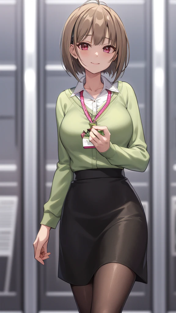 2D, masterpiece, highest quality, anime, highly detailed face, highly detailed eyes, highly detailed background, perfect lighting, whole body, 1 girl, alone, Harusaki Nodoka, collared shirt, Green sweater, black skirt, pantyhose, ID card, embarrassing, smile, Are standing, office 