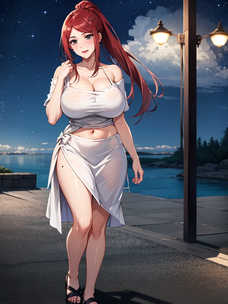 Uzumaki_kushina,huge breasts, beautiful face:1.3,butt hole,navel, cleavage ,bellybutton,off the shoulder:1.9,body facing front,full body shot,standing straight, short  skirt, tshirt ,loose dress, mole on chest,red lipstick, mole on lip,ponytail,long hair,night sky, looking at view,