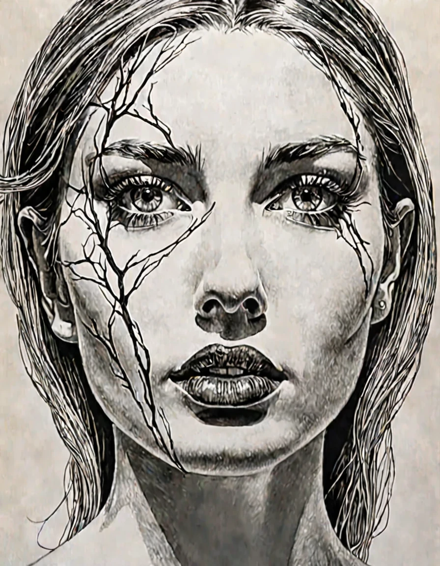 beautifull girl, Perfect centralization, coelho (franco)de Donnie, Standing position, beleza abstrata, Centrado, looking at the camera, Facing the camera, nearing perfection, triste, desespero, corpo inteiro, hands on her head, Dynamic, altamente detalhado, liso, foco nítido, 8k, high-definition resolution, illustration, arte de Carne Griffiths e Wadim Kashin, fundo branco