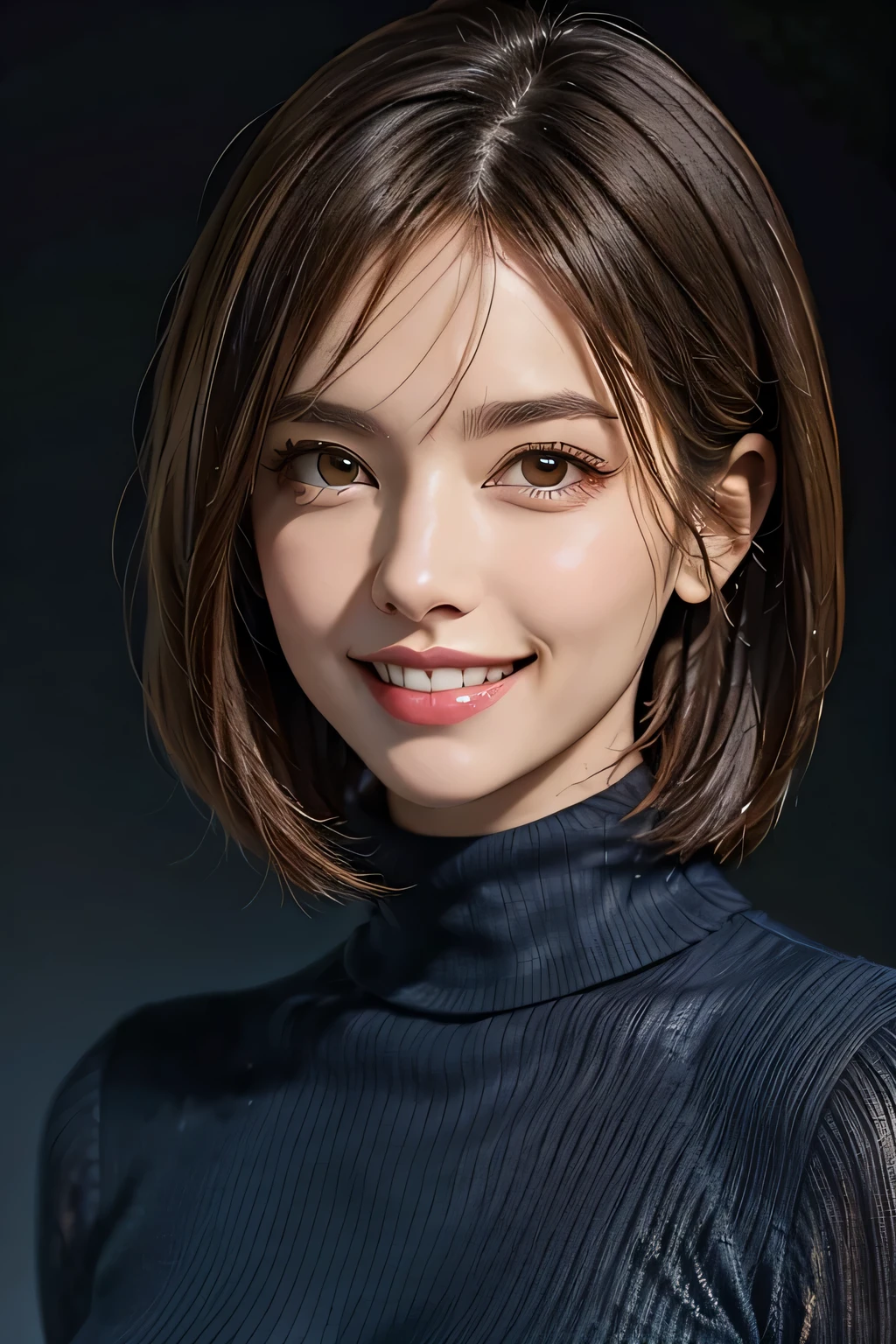 ((masterpiece)), ((Highest quality)), ((Complex)), ((Surreal)), (Realistic), (Mature Woman), ((No classes)), Very detailed, (1 female), Beautiful and exquisite, (Beautiful Teeth), Grin, Brunette Bob Hair, Brown eyes, ((Blue turtleneck)), (Upper Body), (background:none), Perfect Eyes, Captivating eyes, Looking at the audience