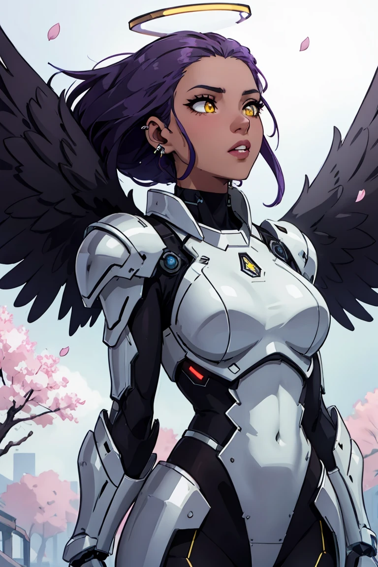 The most beautiful and sexy cyberpunk girl, purple hair, yellow eyes, dark skin, wearing highly detailed futuristic battle armor, futuristic mechanical angel wings, glowing neon halo, tons of tattoos and piercings, cherry blossoms blowing in the wind, highly detailed background, perfect masterpiece, high quality, high resolution