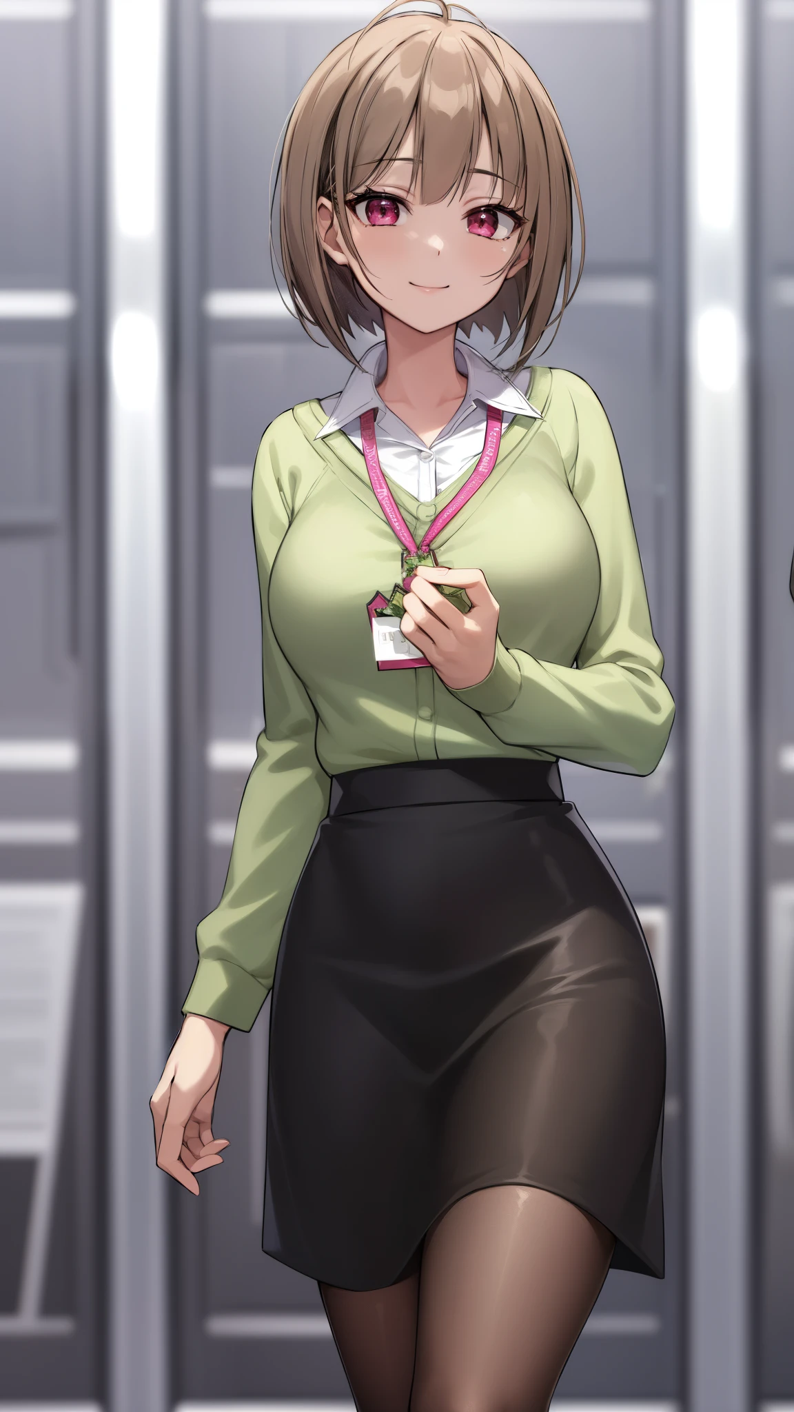 2D, masterpiece, highest quality, anime, highly detailed face, highly detailed eyes, highly detailed background, perfect lighting, whole body, 1 girl, alone, Harusaki Nodoka, collared shirt, Green sweater, black skirt, pantyhose, ID card, embarrassing, smile, Are standing, office 