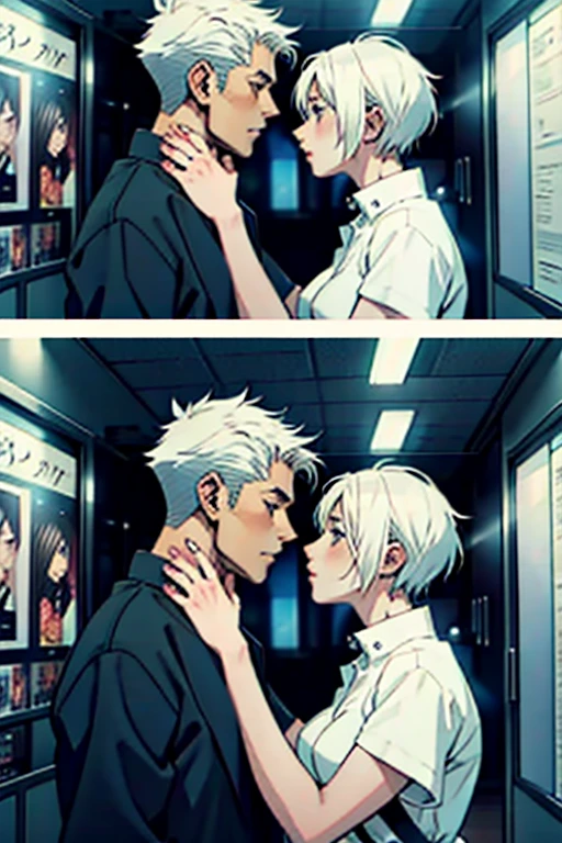Girl with short white hair small and really skinny, passionately kissing a guy with short hair, manga page with panels and dialogue