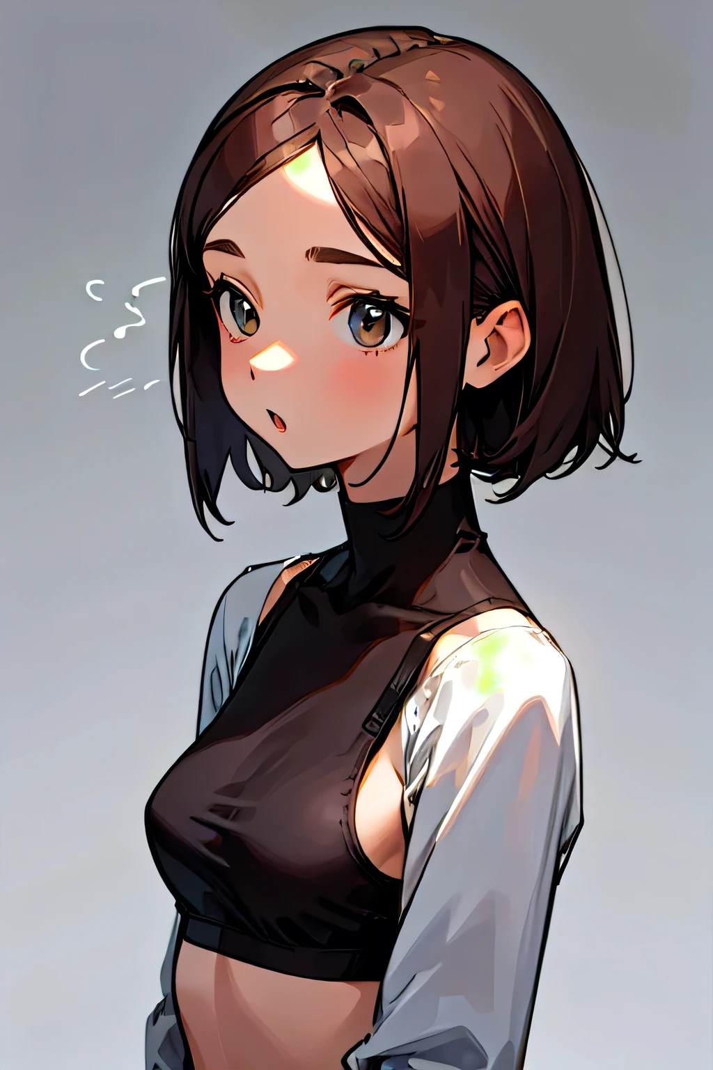  1girl, simple background, brown hair ponytail, swept bangs, dark green sweater, cleavage, black yoga pants, elegant, beautiful, freckles, realistic, heterochromia, beautiful eyes, up close, dark shadows, night background, neon hearts lights dark, chiaroscuro