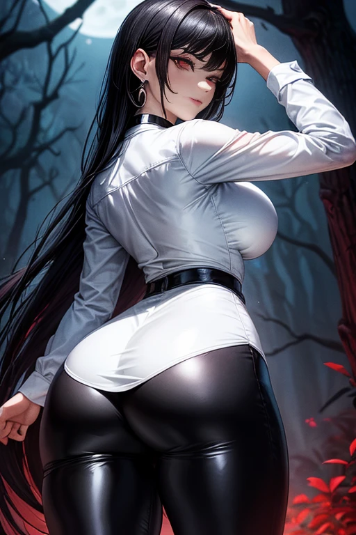 1 woman, DIFFERENT POSES, choker 1:6, white long sleeve button up shirt, shiny black leggings, black elbow length gloves, Open mouth, surprised facial expression, big breasts, black hair, long hair, Red eyes, view from behind, perfectly curvy ass, forest, low lighting, evening