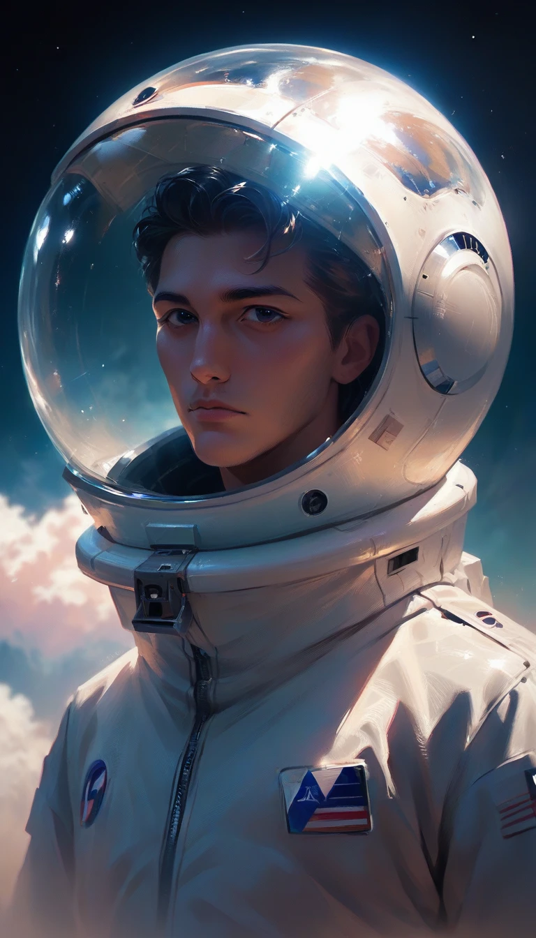 wide shot, full body, astronaut in full astronaut clothing on the space station, epic and beautiful image, highly detailed, 8k, photorealistic, spectacular lighting, stunning view of the earth, bright lights on the space station, astronaut suit with details intricate, majestic stars in the background, volumetric cloud formations, rich colors and textures, cinematic composition, impressive scale, incredible attention to detail, masterpiece