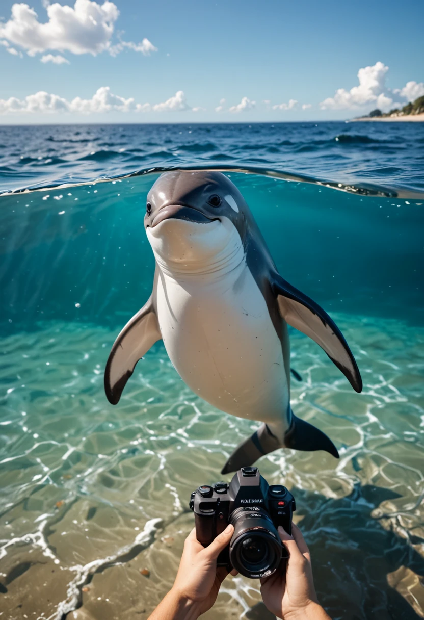 female model swimming naked alongside orcas in pnw sea, underwater glamour selfie, , snowy mountain far in the distance, a fin pokes above water, gopro, above and below ocean, smiling face