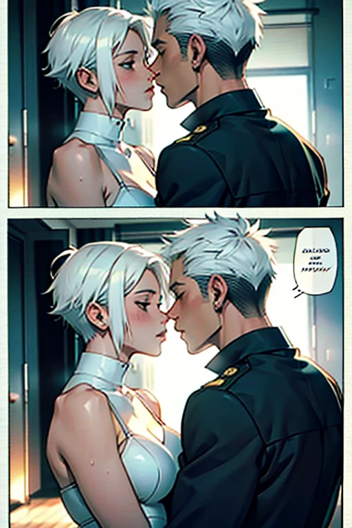 Girl with short white hair small and really skinny, passionately kissing a guy with short hair passionately, manga page with panels and dialogue    