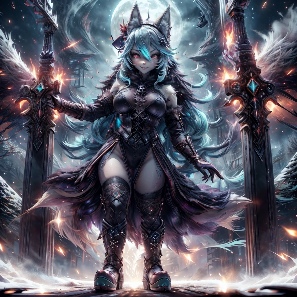 woman, hairy woman, wolf woman, full body portrait, full fur, magic fur, full tail, big tail, magic tail, magic hair, long hair, bushy hair, hair, hair with a brooch ;gear), almond shaped eyes , blue eyes, shy smile, charming face, red cheek, long dress (dark blue color in steampunk style), worn tights, black tights, heeled shoe, steampunk shoe, fantasy landscape