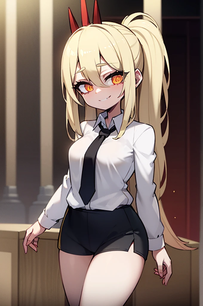 (best quality), (masterpiece), (solo), 1girl, power_csm, blonde hair, yellow eyes, cross-shaped pupils, symbol-shaped pupils, red horns, white buttoned shirt, black necktie, smile ,Inside the city、starrysky、Mystical light、Dramatic light、Cinematic