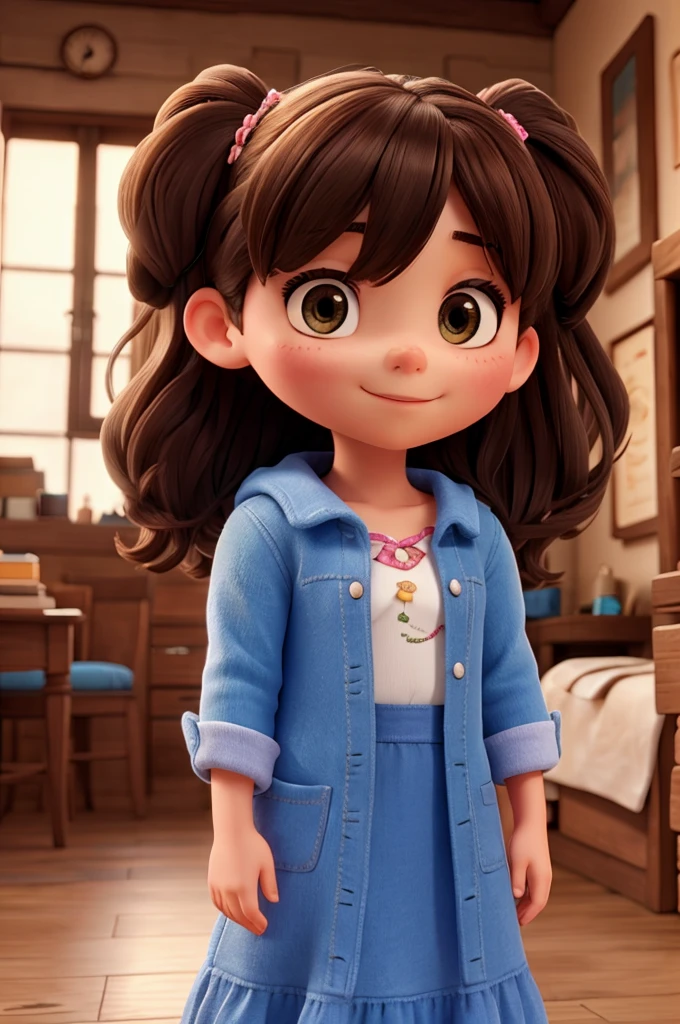 4 year old girl, shoulder length curly hair, brown, olhos brown e brilhantes, happy and smiling, very smart.