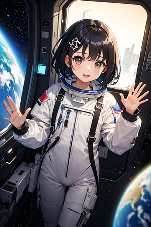 Highest quality、Black Hair、Iris、short hair、girl、cute、16 years old、、Small hair ornament、1 person、astronaut、Spacesuit、Inside the Space Shuttle、Seeing the Earth from the Window、Floating in the air、Waving、