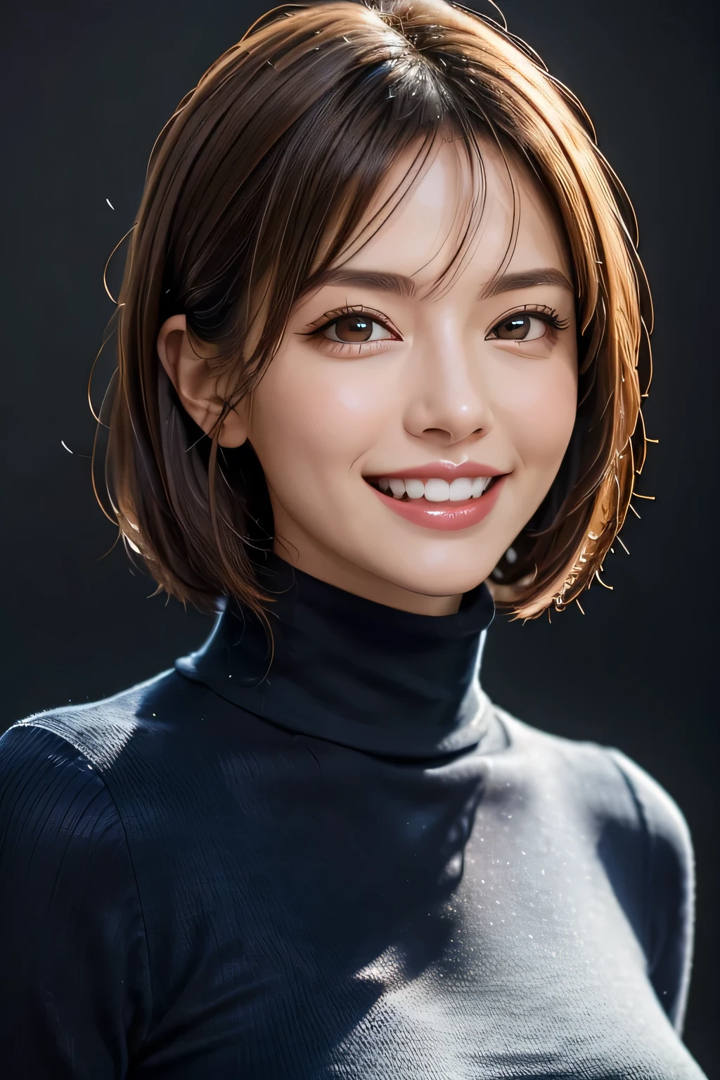 ((masterpiece)), ((Highest quality)), ((Complex)), ((Surreal)), (Realistic), (Mature Woman), ((No classes)), Very detailed, (1 female), Beautiful and exquisite, (Beautiful Teeth), Grin, Brunette Bob Hair, Brown eyes, ((Blue turtleneck)), (Upper Body), (background:none), Perfect Eyes, Captivating eyes, Looking at the audience