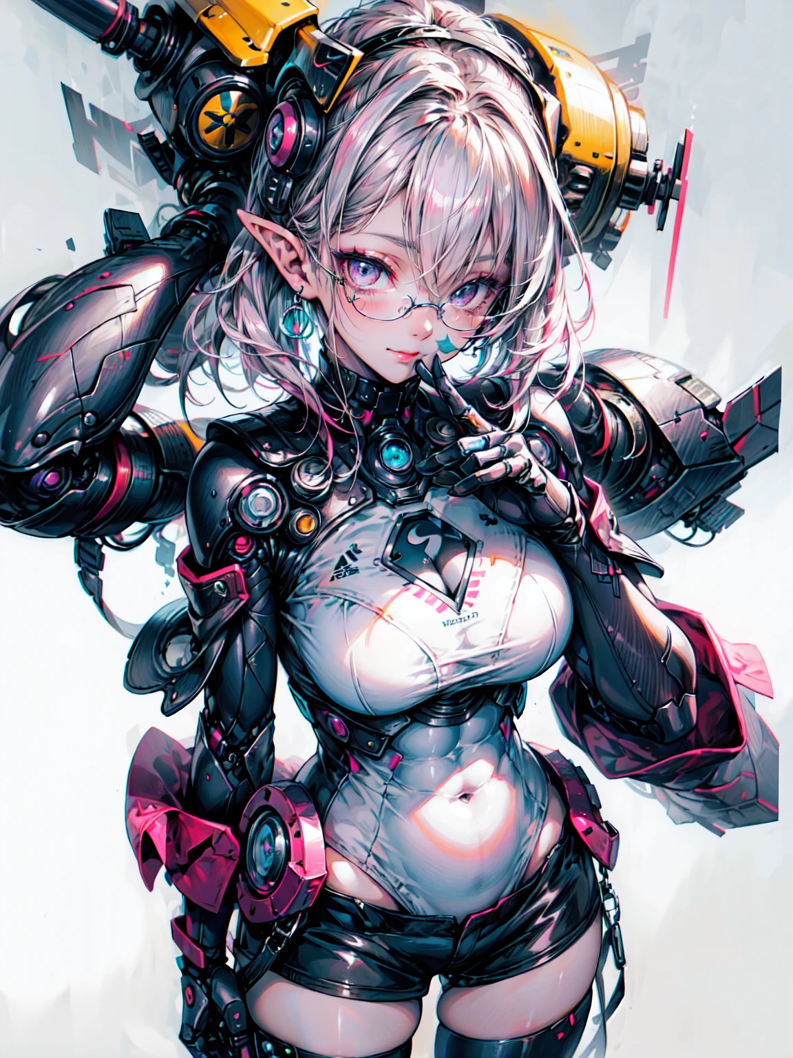 (masterpiece、Highest quality, wonderful, Very detailedティッカーユニティ、8k wallpaper, Written boundary depth, Ultra-fine Illustration:1.5)、。.。.3d, Very detailed,(1 Girl)、 (Whole Body Ezbian、Mecha Elf Girl:1.3), Cowboy Shot, Dutch Angle 、Sci-Fi Battlefield, Hawken, A shy smile, Open your mouth、Short Ponytail, (Yellow Hair、 Bright yellow eyes:1.2), Sparkling eyes, Embarrassingly cute face, cute, Big Breasts, Delicate hair, Messy Hair, (((The sky is blue and wide、White cloud、Shiny Hair, Shiny skin, (Symmetrical mechanical winetallic colored mechanical wings that are widely expanded to the left and right so that they protrude wonderfully from the screen, bite, Yellow Hair or名前nt), (Particles of light, Cinema Lighting: 1.3), (Pale pink lips: 0.8), yusuke murata.