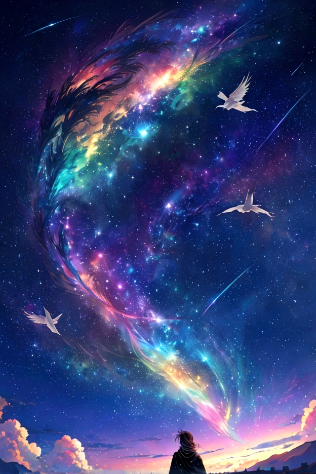 Iridescent幻想的な鳥、big, Iridescent鳥、Phoenix flying in the rainbow sky，bigきな翼、colorful，Beautiful Galaxy，wonderful景色，Night Sky，An atmosphere full of dreams and hope，masterpiece．16K, Ultra-high resolution, Ultra-high resolution, to be born,wonderful ,future、Iridescent、The world 30 years from now。