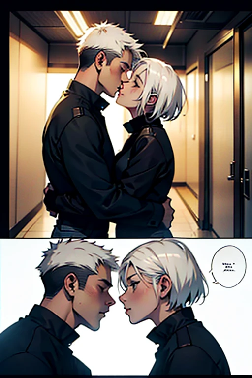 Girl with short white hair small and really skinny, passionately kissing and hugging a guy with short black hair while he holds a cigarette