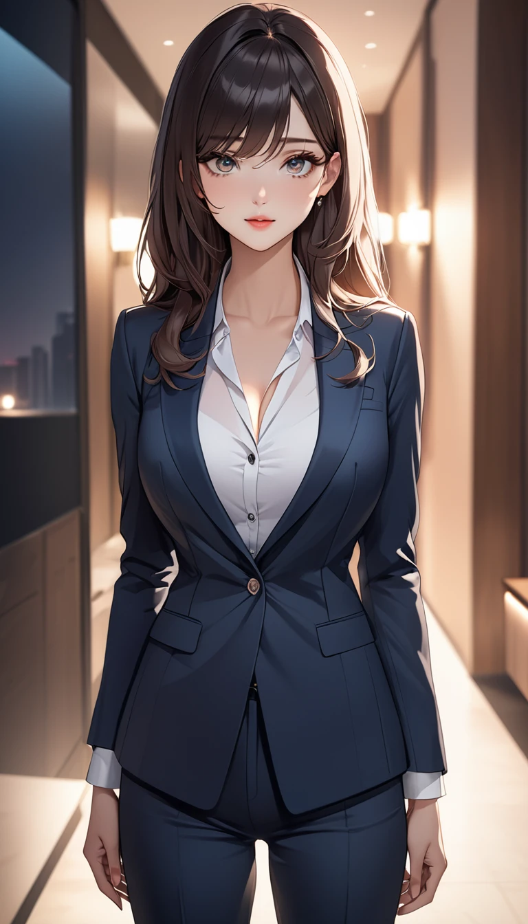 masterpiece, high resolution, beautiful woman, Korean Secretary, pants business suit, beautiful woman, cute, night, standing and looking at me, high resolution face, high resolution eyes