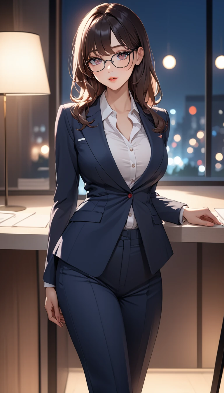 masterpiece, high resolution, beautiful woman, Korean Secretary, 30 years old, pants business suit, beautiful woman, cute, night, standing and looking at me, high resolution face, (high resolution eyes), big tits
