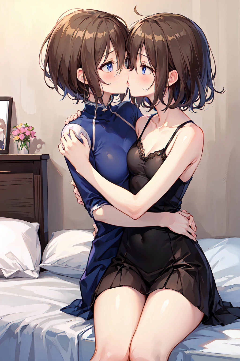 2 girls、 {{masterece-piece}}, {{{best qualiy}}}, {{Ultra Verbose}}, , Short Hair,Purple eyes,navy hair、military outfit、Lie down and hug each other、{{masterece-piece}}, short wavy hair, Black Hair, black cat ear, Blue eyes、military outfit、Lie down and hug each other、Background on bed